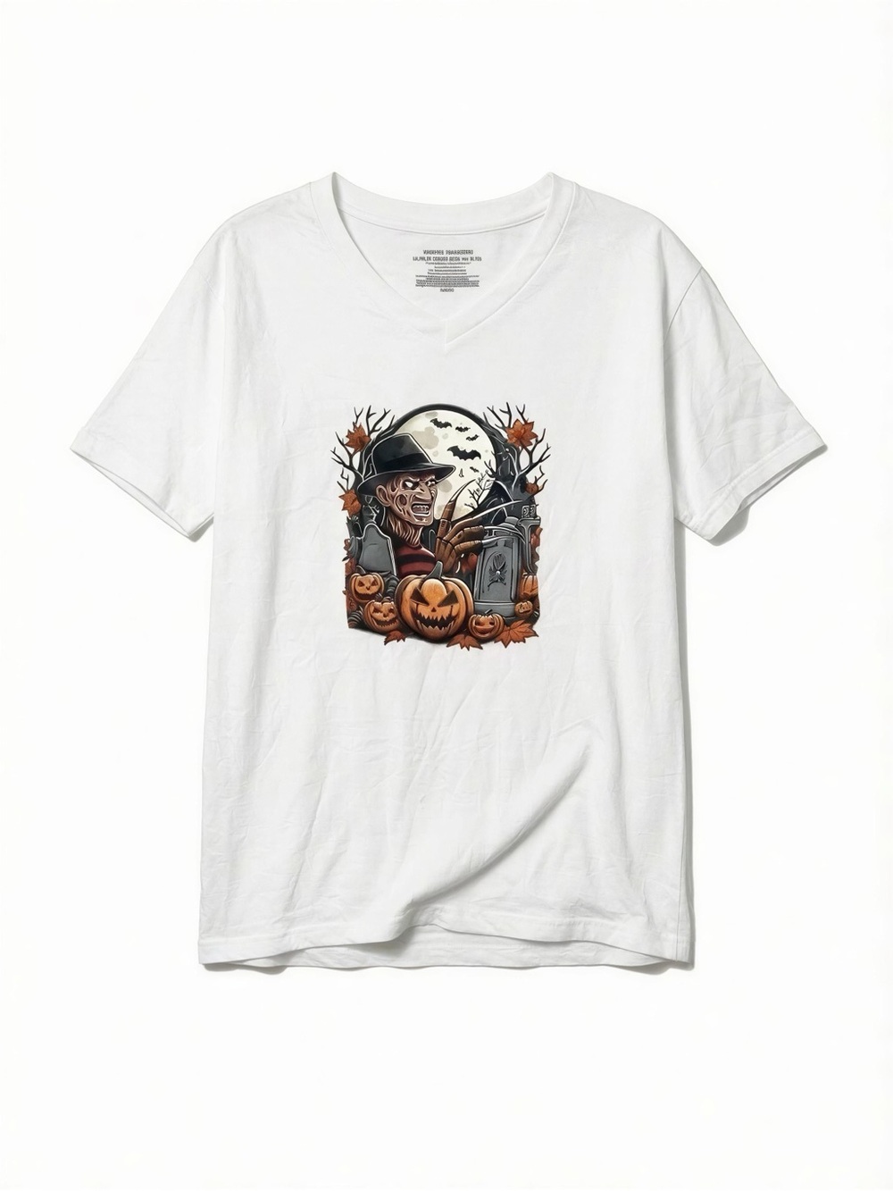 White Halloween Graphic Tee with Pumpkin & Skeleton Design